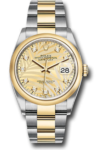 *Pre-Owned* Rolex Yellow Rolesor Datejust 36 Watch - Domed Bezel - Golden Palm Motif Diamond Dial - Oyster Bracelet