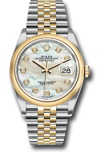 *Pre-Owned* Rolex Steel and Yellow Gold Rolesor Datejust 36 Watch - Domed Bezel - White Mother-Of-Pearl Diamond Dial - Jubilee Bracelet