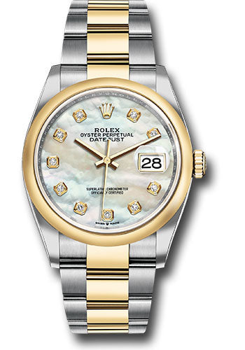 *Pre-Owned* Rolex Steel and Yellow Gold Rolesor Datejust 36 Watch - Domed Bezel - White Mother-Of-Pearl Diamond Dial - Oyster Bracelet