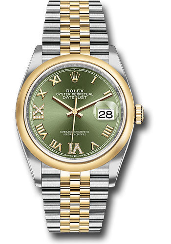 *Pre-Owned* Rolex Steel and Yellow Gold Rolesor Datejust 36 Watch - Domed Bezel - Olive Green Roman Dial - Jubilee Bracelet
