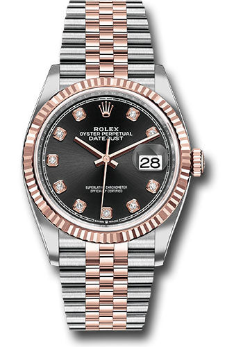 *Pre-Owned* Rolex Steel and Everose Rolesor Datejust 36 Watch - Fluted Bezel - Black Diamond Dial - Jubilee Bracelet