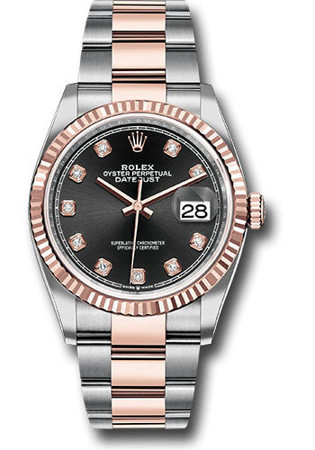 *Pre-Owned* Rolex Steel and Everose Rolesor Datejust 36 Watch - Fluted Bezel - Black Diamond Dial - Oyster Bracelet