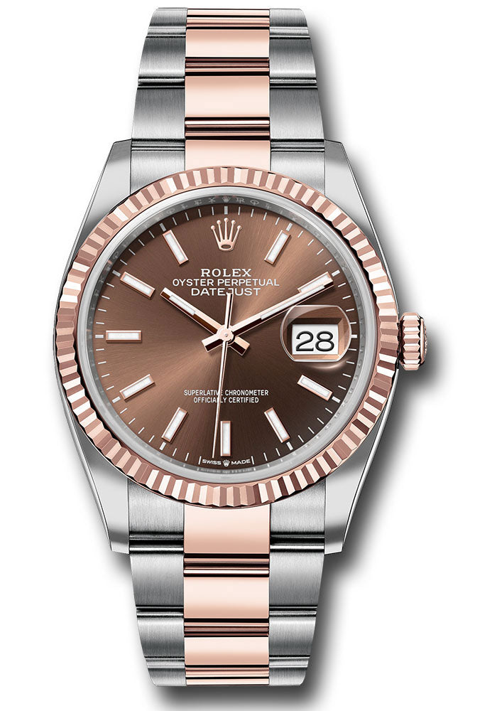 *Pre-Owned* Rolex Everose Rolesor Datejust 36 Watch - Fluted Bezel - Chocolate Index Dial - Oyster Bracelet