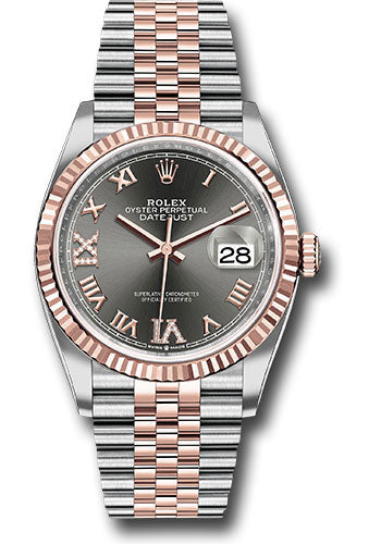 *Pre-Owned* Rolex Steel and Everose Rolesor Datejust 36 Watch - Fluted Bezel - Dark Rhodium Roman Dial - Jubilee Bracelet