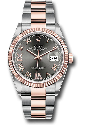 *Pre-Owned* Rolex Steel and Everose Rolesor Datejust 36 Watch - Fluted Bezel - Dark Rhodium Roman Dial - Oyster Bracelet