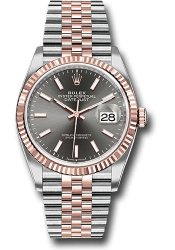 *Pre-Owned* Rolex Steel and Everose Rolesor Datejust 36 Watch - Fluted Bezel - Dark Rhodium Index Dial - Jubilee Bracelet