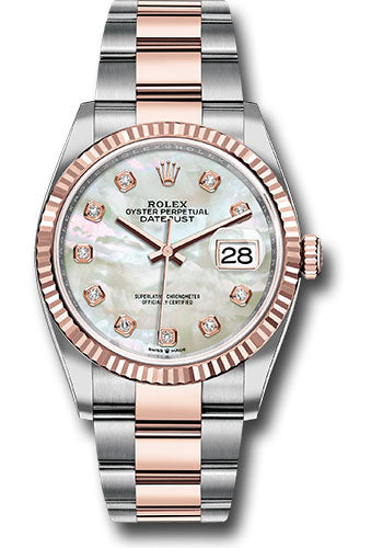 *Pre-Owned* Rolex Steel and Everose Rolesor Datejust 36 Watch - Fluted Bezel - White Mother-Of-Pearl Diamond Dial - Oyster Bracelet