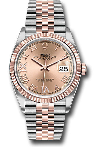 *Pre-Owned* Rolex Steel and Everose Rolesor Datejust 36 Watch - Fluted Bezel - Rose Roman Dial - Jubilee Bracelet