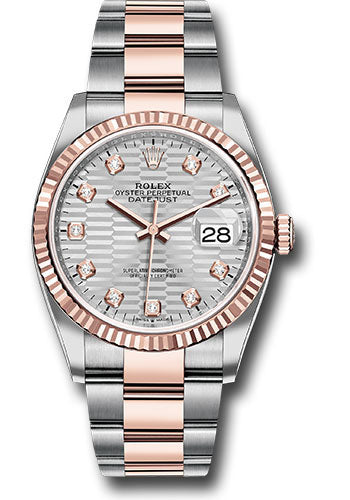 *Pre-Owned* Rolex Everose Rolesor Datejust 36 Watch - Fluted Bezel - Silver Fluted Motif Diamond Dial - Oyster Bracelet