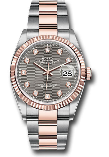 *Pre-Owned* Rolex Everose Rolesor Datejust 36 Watch - Fluted Bezel - Slate Fluted Motif Diamond Dial - Oyster Bracelet