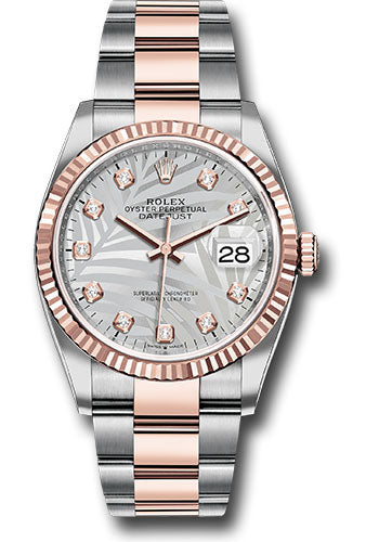 *Pre-Owned* Rolex Everose Rolesor Datejust 36 Watch - Fluted Bezel - Silver Palm Motif Diamond Dial - Oyster Bracelet