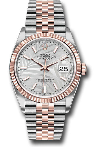 *Pre-Owned* Rolex Everose Rolesor Datejust 36 Watch - Fluted Bezel - Silver Palm Motif Index Dial - Jubilee Bracelet