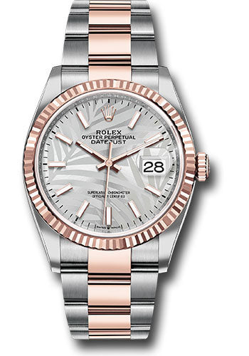 *Pre-Owned* Rolex Everose Rolesor Datejust 36 Watch - Fluted Bezel - Silver Palm Motif Index Dial - Oyster Bracelet