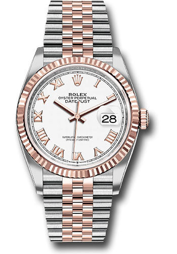 *Pre-Owned* Rolex Steel and Everose Rolesor Datejust 36 Watch - Fluted Bezel - White Roman Dial - Jubilee Bracelet