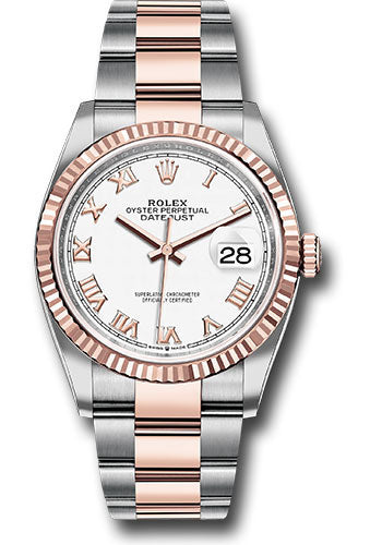 *Pre-Owned* Rolex Steel and Everose Rolesor Datejust 36 Watch - Fluted Bezel - White Roman Dial - Oyster Bracelet