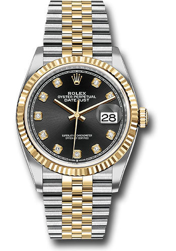 *Pre-Owned* Rolex Steel and Yellow Gold Rolesor Datejust 36 Watch - Fluted Bezel - Black Diamond Dial - Jubilee Bracelet