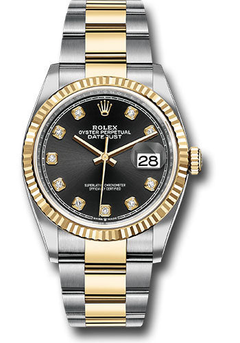*Pre-Owned* Rolex Steel and Yellow Gold Rolesor Datejust 36 Watch - Fluted Bezel - Black Diamond Dial - Oyster Bracelet