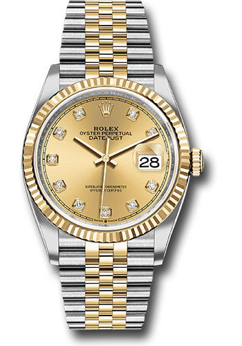 *Pre-Owned* Rolex Steel and Yellow Gold Rolesor Datejust 36 Watch - Fluted Bezel - Champagne Diamond Dial - Jubilee Bracelet