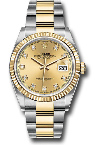 *Pre-Owned* Rolex Steel and Yellow Gold Rolesor Datejust 36 Watch - Fluted Bezel - Champagne Diamond Dial - Oyster Bracelet