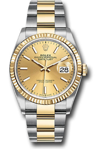 *Pre-Owned* Rolex Steel and Yellow Gold Rolesor Datejust 36 Watch - Fluted Bezel - Champagne Index Dial - Oyster Bracelet