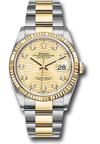 *Pre-Owned* Rolex Yellow Rolesor Datejust 36 Watch - Fluted Bezel - Golden Fluted Motif Diamond Dial - Oyster Bracelet
