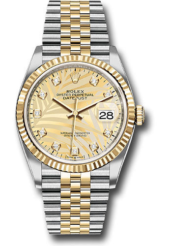 *Pre-Owned* Rolex Yellow Rolesor Datejust 36 Watch - Fluted Bezel - Golden Palm Motif Diamond Dial - Jubilee Bracelet