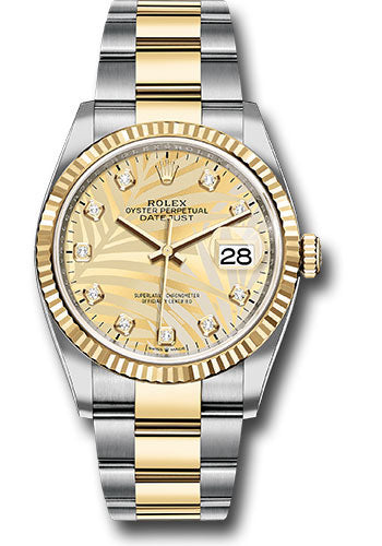 *Pre-Owned* Rolex Yellow Rolesor Datejust 36 Watch - Fluted Bezel - Golden Palm Motif Diamond Dial - Oyster Bracelet