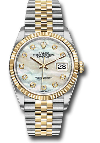 *Pre-Owned* Rolex Steel and Yellow Gold Rolesor Datejust 36 Watch - Fluted Bezel - White Mother-Of-Pearl Diamond Dial - Jubilee Bracelet