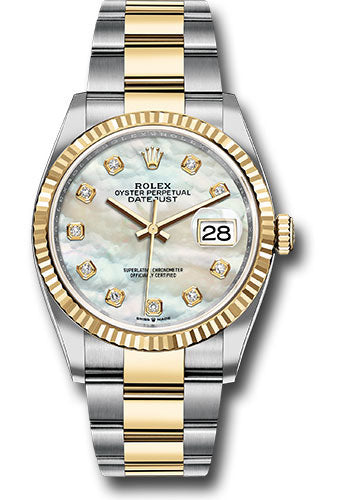 *Pre-Owned* Rolex Steel and Yellow Gold Rolesor Datejust 36 Watch - Fluted Bezel - White Mother-Of-Pearl Diamond Dial - Oyster Bracelet