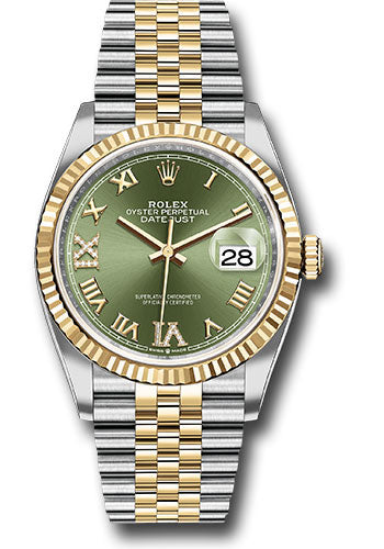 *Pre-Owned* Rolex Steel and Yellow Gold Rolesor Datejust 36 Watch - Fluted Bezel - Olive Green Roman Dial - Jubilee Bracelet