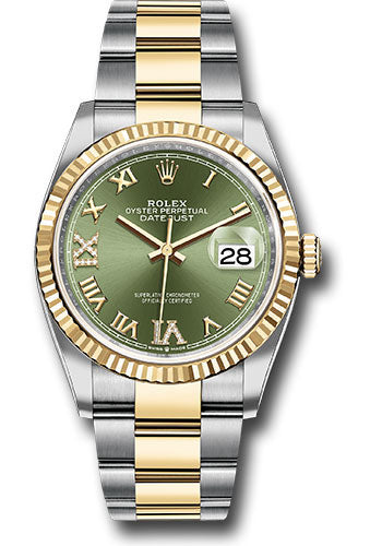 *Pre-Owned* Rolex Steel and Yellow Gold Rolesor Datejust 36 Watch - Fluted Bezel - Olive Green Roman Dial - Oyster Bracelet
