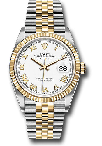 *Pre-Owned* Rolex Steel and Yellow Gold Rolesor Datejust 36 Watch - Fluted Bezel - White Roman Dial - Jubilee Bracelet