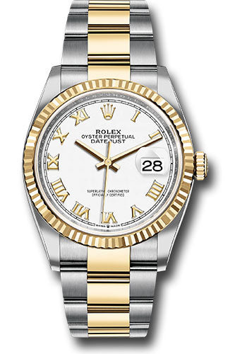 *Pre-Owned* Rolex Steel and Yellow Gold Rolesor Datejust 36 Watch - Fluted Bezel - White Roman Dial - Oyster Bracelet