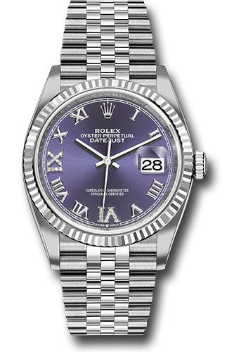 *Pre-Owned* Rolex Steel Datejust 36 Watch - Fluted Bezel - Aubergine Purple Diamond Roman VI and IX Dial - Jubilee Bracelet