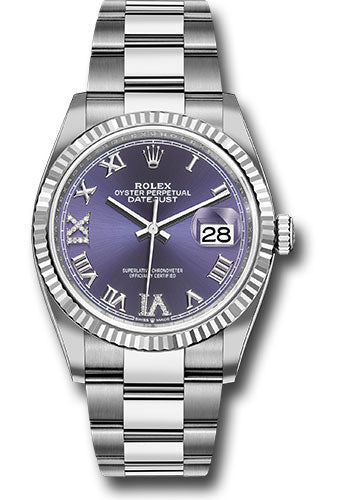 *Pre-Owned* Rolex Steel Datejust 36 Watch - Fluted Bezel - Aubergine Purple Diamond Roman VI and IX Dial - Oyster Bracelet