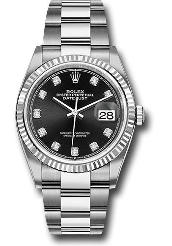 *Pre-Owned* Rolex Steel Datejust 36 Watch - Fluted Bezel - Black Diamond Dial - Oyster Bracelet