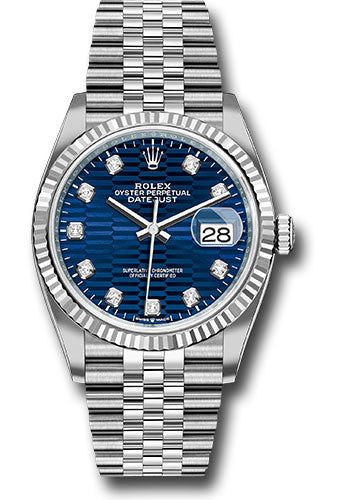 *Pre-Owned* Rolex White Rolesor Datejust 36 Watch - Fluted Bezel - Bright Blue Fluted Motif Diamond Dial - Jubilee Bracelet