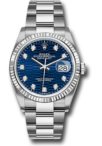 *Pre-Owned* Rolex White Rolesor Datejust 36 Watch - Fluted Bezel - Bright Blue Fluted Motif Diamond Dial - Oyster Bracelet