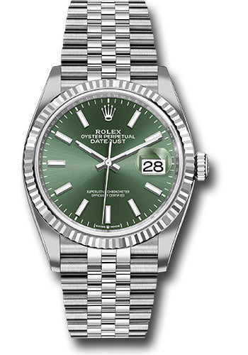 *Pre-Owned* Rolex White Rolesor Datejust 36 Watch - Fluted Bezel - Mint Green Index Dial - Jubilee Bracelet