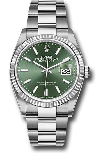 *Pre-Owned* Rolex White Rolesor Datejust 36 Watch - Fluted Bezel - Mint Green Index Dial - Oyster Bracelet