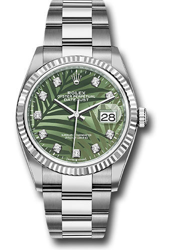 *Pre-Owned* Rolex White Rolesor Datejust 36 Watch - Fluted Bezel - Olive Green Palm Motif Diamond 6 Dial - Oyster Bracelet