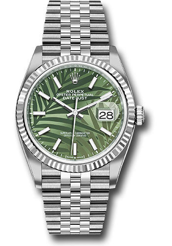 *Pre-Owned* Rolex White Rolesor Datejust 36 Watch - Fluted Bezel - Olive Green Palm Motif Dial - Jubilee Bracelet - 2021 Release