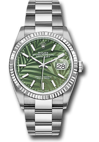 *Pre-Owned* Rolex White Rolesor Datejust 36 Watch - Fluted Bezel - Olive Green Palm Motif Dial - Oyster Bracelet - 2021 Release