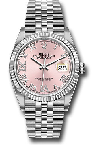 *Pre-Owned* Rolex Steel Datejust 36 Watch - Fluted Bezel - Pink Diamond Roman VI and IX Dial - Jubilee Bracelet