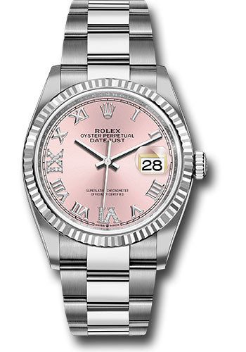 *Pre-Owned* Rolex Steel Datejust 36 Watch - Fluted Bezel - Pink Diamond Roman VI and IX Dial - Oyster Bracelet