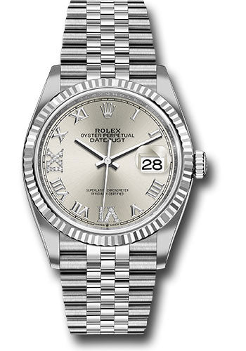 *Pre-Owned* Rolex Steel Datejust 36 Watch - Fluted Bezel - Silver Diamond Roman VI and IX Dial - Jubilee Bracelet