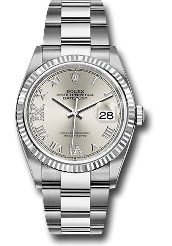 *Pre-Owned* Rolex Steel Datejust 36 Watch - Fluted Bezel - Silver Diamond Roman VI and IX Dial - Oyster Bracelet