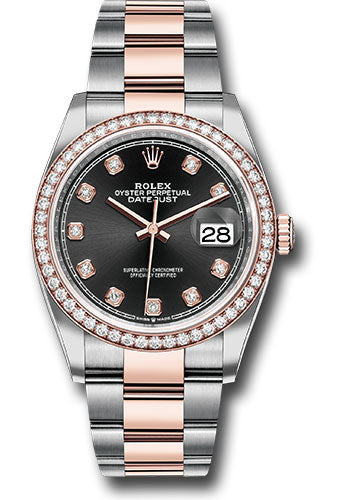 *Pre-Owned* Rolex Steel and Everose Rolesor Datejust 36 Watch - Diamond Bezel - Black Diamond Dial - Oyster Bracelet