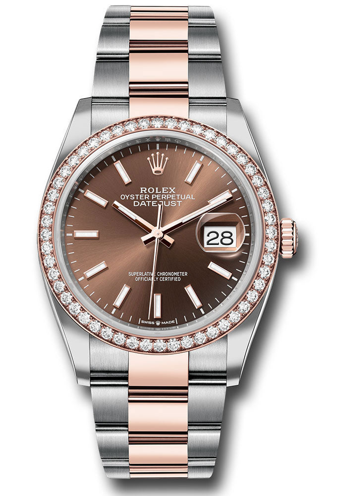*Pre-Owned* Rolex Everose Rolesor Datejust 36 Watch - Diamond Bezel - Chocolate Index Dial - Oyster Bracelet