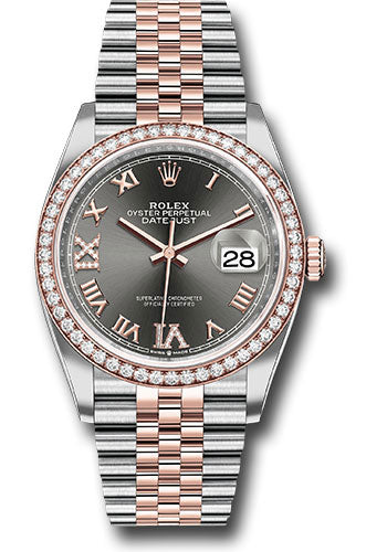 *Pre-Owned* Rolex Steel and Everose Rolesor Datejust 36 Watch - Diamond Bezel - Dark Rhodium Roman Dial - Jubilee Bracelet